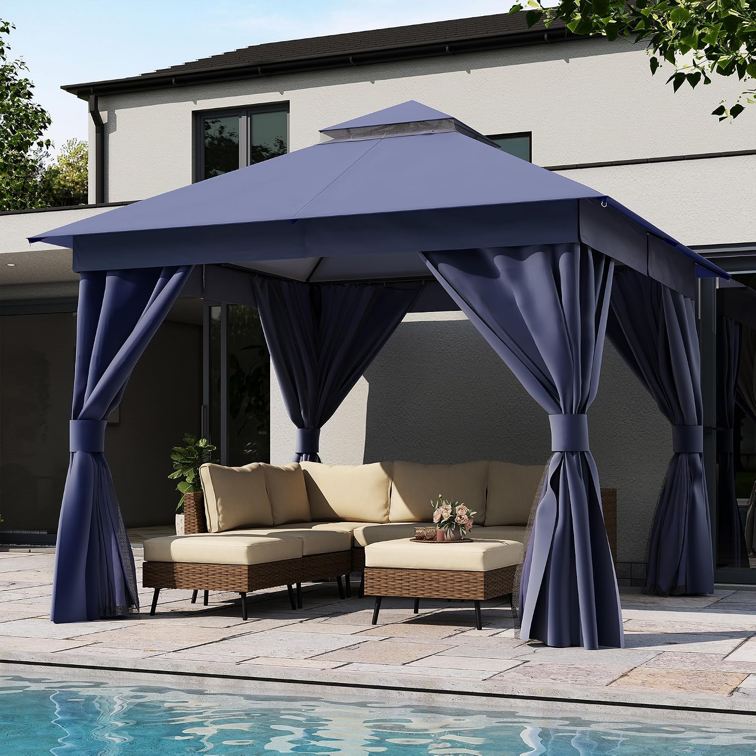 LAUSAINT HOME Patio Gazebo 10'x10', Outdoor Heavy Duty Party Tent Shelter with Double Roofs, Mosquito Nettings and Privacy Screens for Backyard, Garden, Lawn, Navy Blue