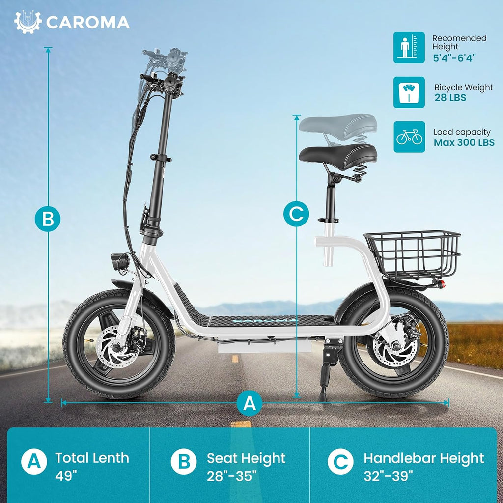 Caroma Electric Scooter with Seat for Adults, 1200W/800W Peak Motor, 30Miles Long Range & 20Mph, 14' Fat Tire Foldable E Scooter with Basket for Commuting, Grocery, Pets