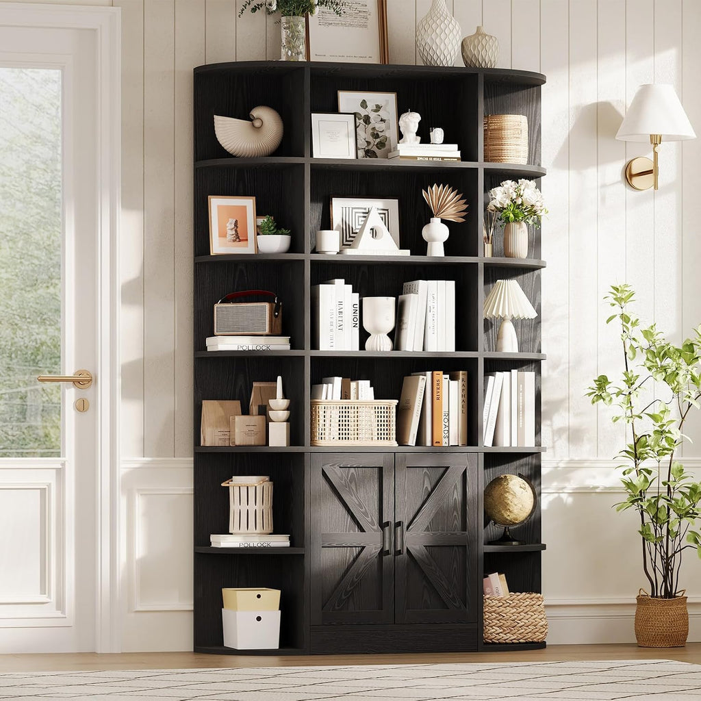 IDEALHOUSE 75in Tall Bookshelf with Storage, 6-Tier 47' Wide Modern Farmhouse Standing Bookcase Cabinet Display Shelf Organizer for Home Office Living Room Bedroom, Black