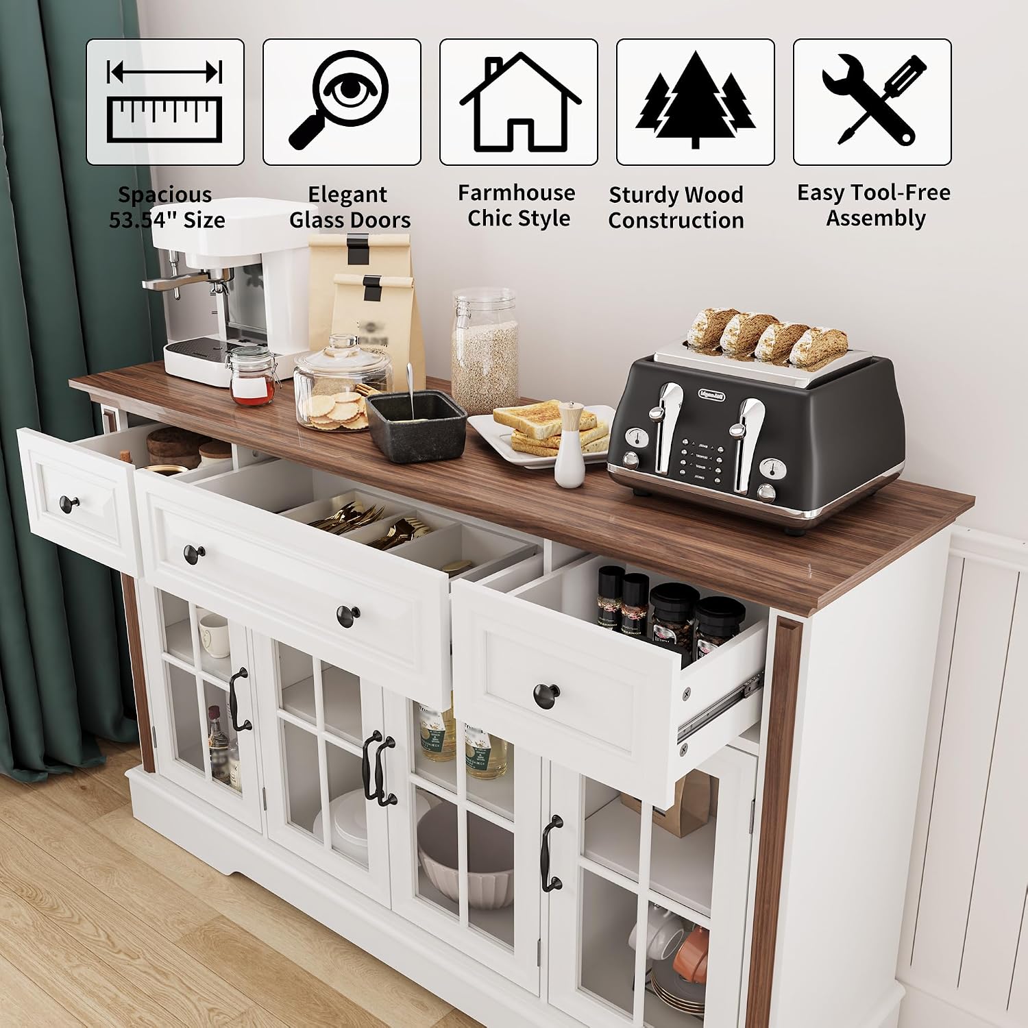 Sideboard Buffet Cabinet with Storage and Glass Doors,4-Door Cabinet with 3 Drawers,53.5' Farmhouse Modern Sideboard with Adjustable Shelves,Coffee Bar Cabinet for Kitchen & Dining Room,White