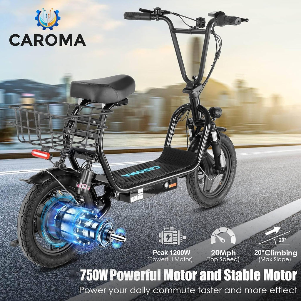 Caroma Peak 800W/1200W Electric Scooter with Seat, Max 20/30Miles&20MPH, 14' Tires Foldable Adult Electric Scooter with Basket for Pets & Cargo, Dual Shock Absorbing EScooter for Commuting