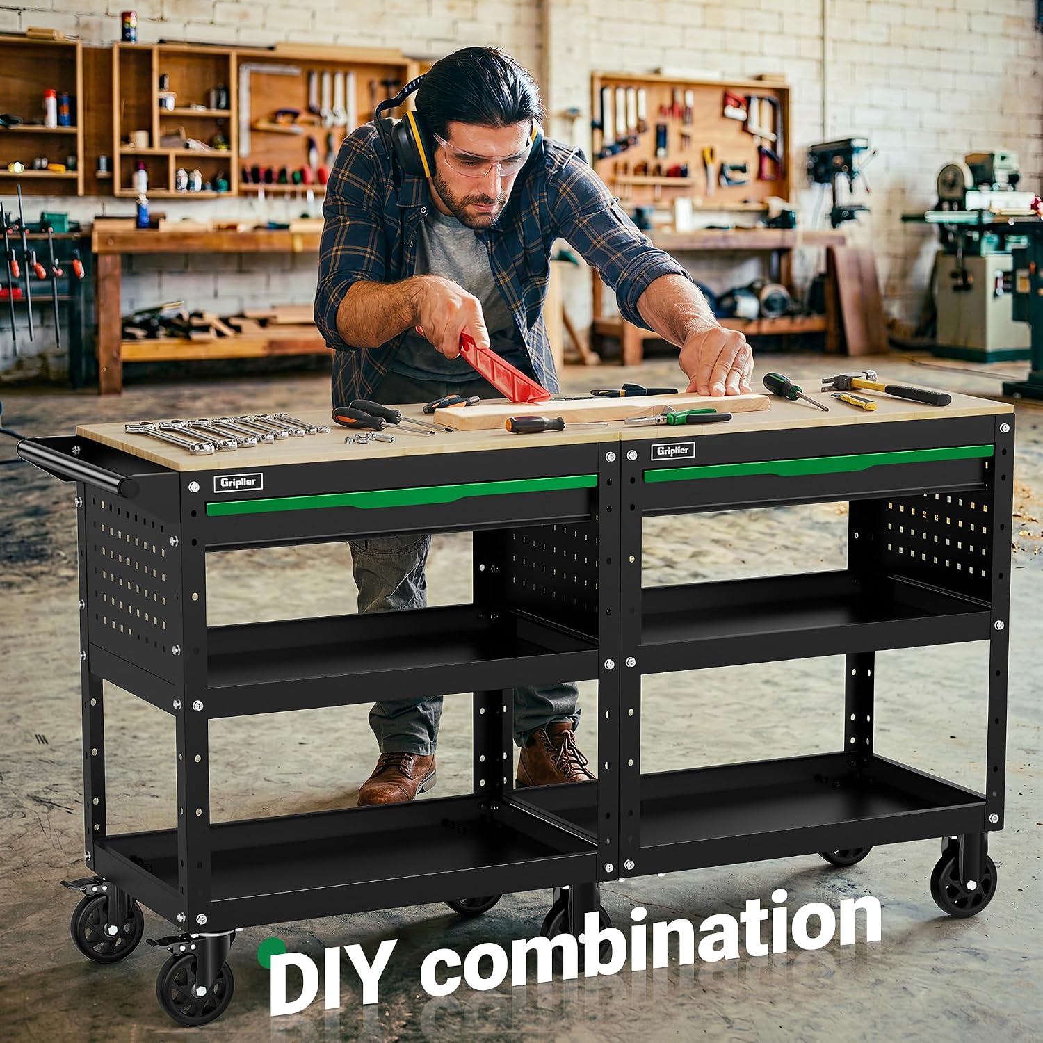 Rolling Tool Cart, 3-Tier Workshop Storage, Black Metal Frame with Wooden Top Workbench, Heavy-Duty Wheels,330LB Load Capacity Organizer Cabinet for Garage, Warehouse, Repair Shop
