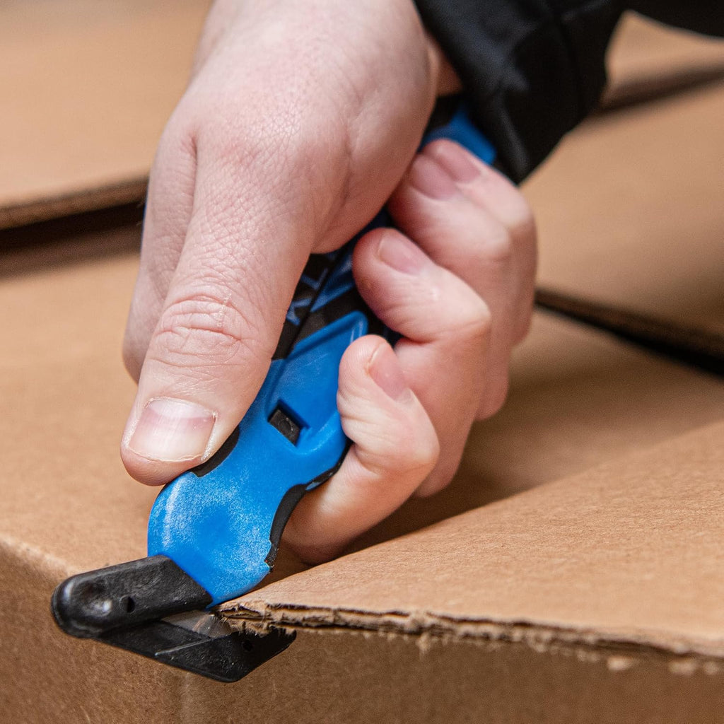 Klever XChange Box Cutter, Kutter Package Opener Wide Cut Head, Ergonomic Soft Touch Handle Utility Knife, Cuts Thicker Substrates, Boxes, Film, Tape and More Applications, Blue, 10 Pack (KCJ-XC-30B)