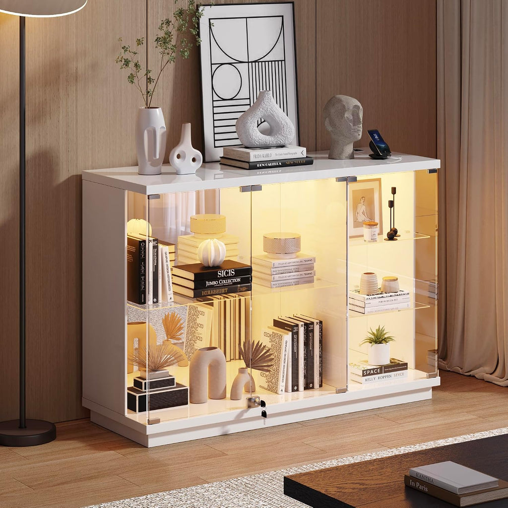 Lvifur Glass Display Cabinet with Lock & LED Light, High Gloss Sideboard with Human Body Sensor & Glass Shelves for Toys, Books, Collectibles, Liquor, Bookcase for Living Room, Kitchen, Study, White