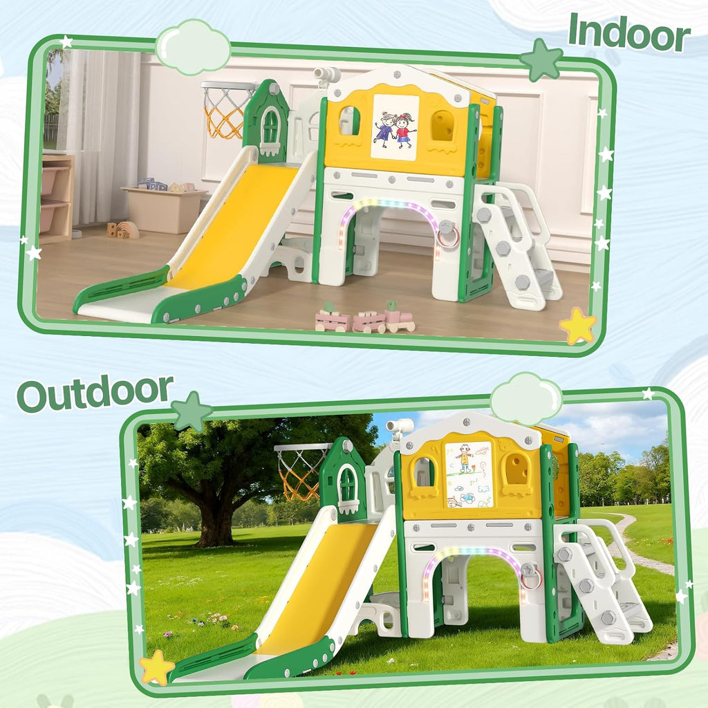 BIERUM 9 in 1 Toddler Slide Set - Baby Slide for Toddlers 1-3 with Colorful Lights, Drawing Board and Building Blocks Board, Indoor Outdoor Toddler Playset Playground, Green Yellow