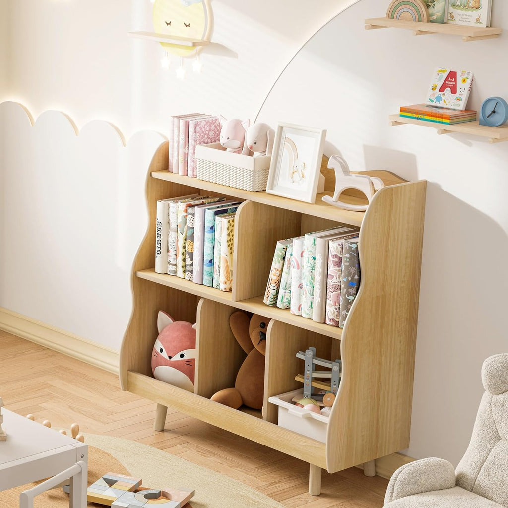 Treocho Kids Bookshelf and Toy Storage Orangizer, 3-Tier Wooden Children's Bookcase with Curve Design, 5 Toy Storage Cabinet Display with Legs for Children's Room, Playroom, School, Natural