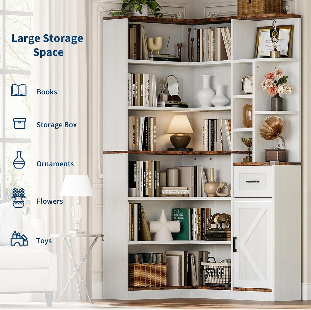 Garvee 74'' Tall Corner Bookshelf - 6-Tier Book Shelf with Drawer and Cabinets, l-Shaped Bookcase Open Storage Shelves Modern Display Shelf for Home, Office