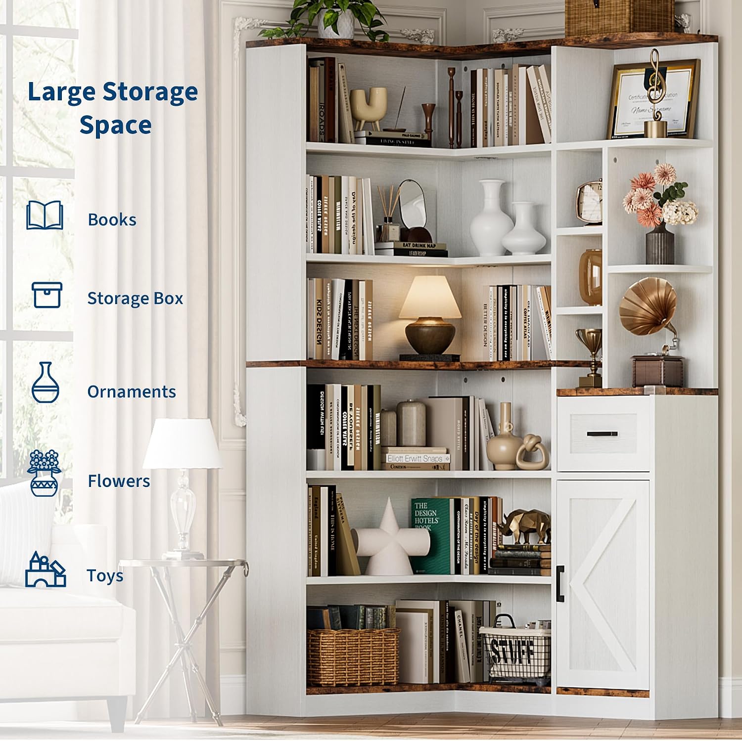 Garvee 74'' Tall Corner Bookshelf - 6-Tier Book Shelf with Drawer and Cabinets, l-Shaped Bookcase Open Storage Shelves Modern Display Shelf for Home, Office