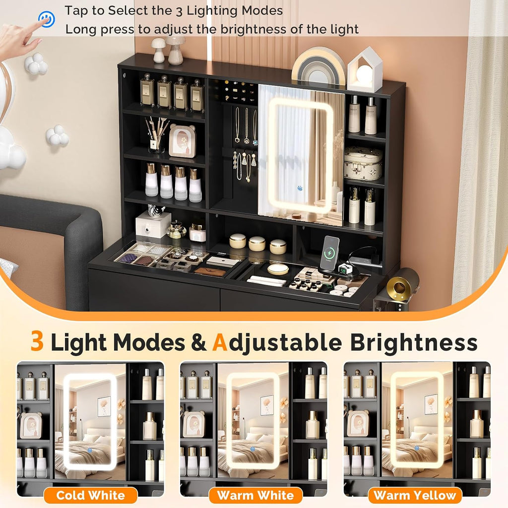 VINGLI Vanity Desk with Sliding Mirror and Lights, Glass Top Makeup Vanity Table w/Shelves & Hidden Jewelry Storage & Power Outlets & Hairdryer Holder,54in Black Dressing Table Gifts Girls