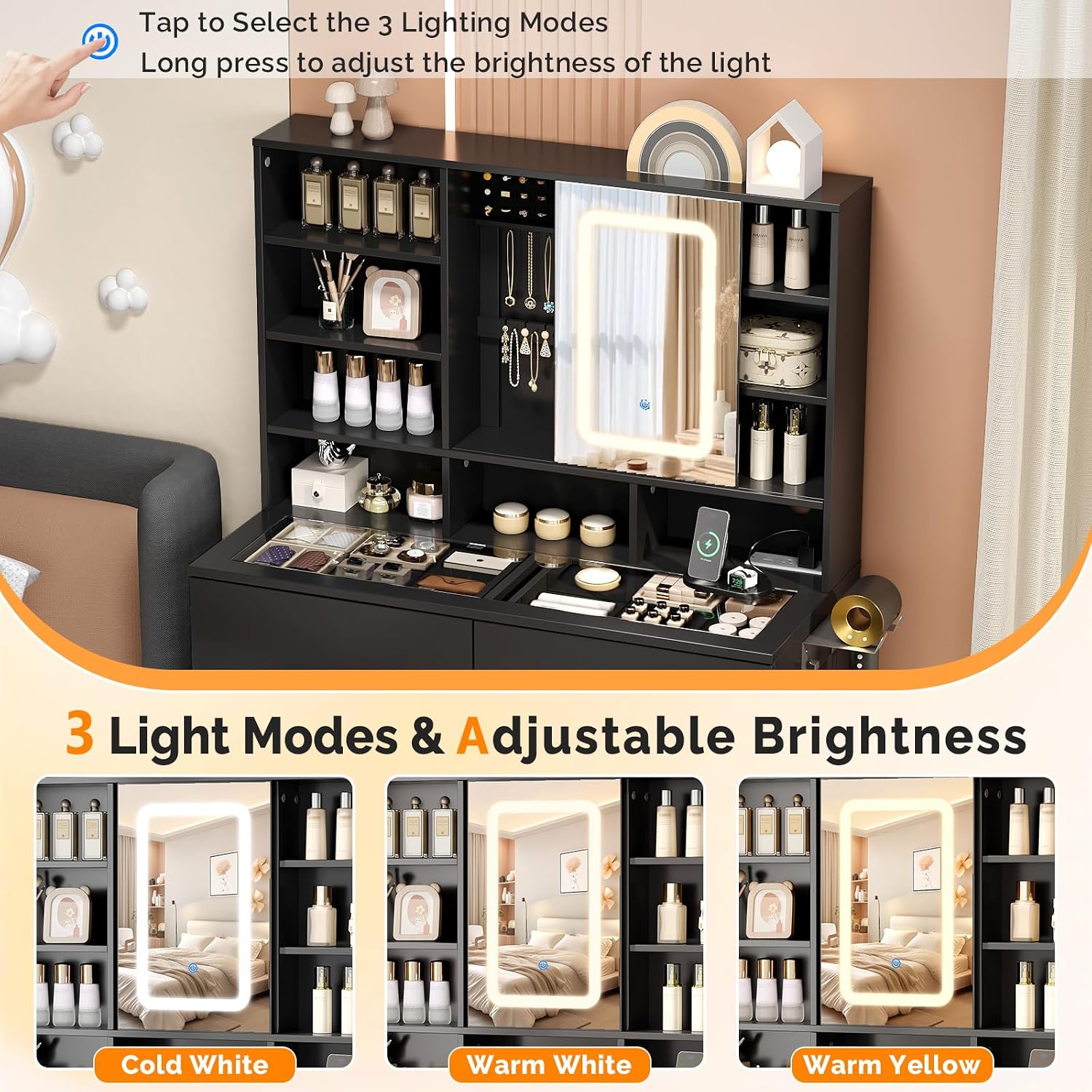 VINGLI Vanity Desk with Sliding Mirror and Lights, Glass Top Makeup Vanity Table w/Shelves & Hidden Jewelry Storage & Power Outlets & Hairdryer Holder,54in Black Dressing Table Gifts Girls