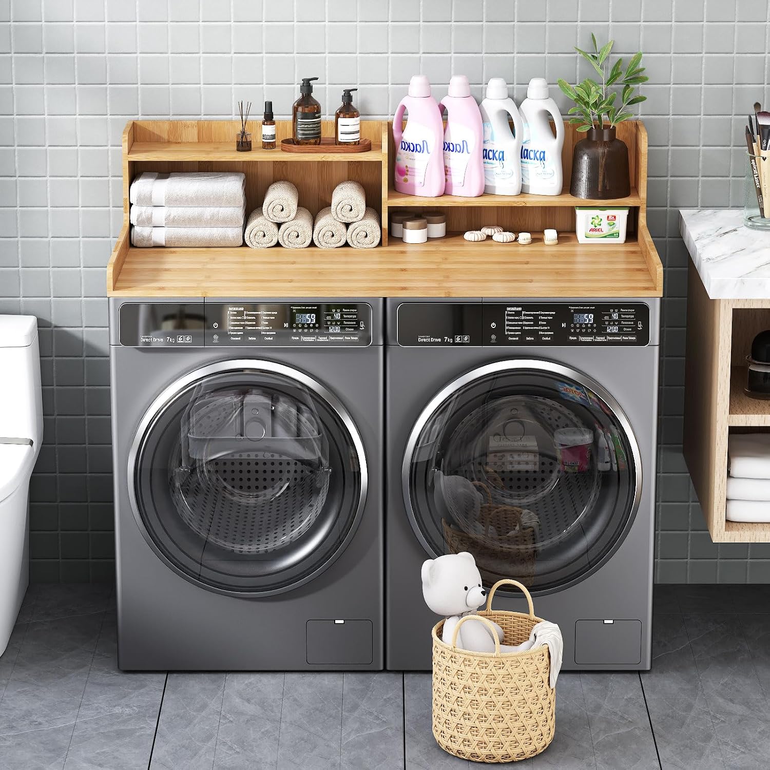 2-Tier Washer and Dryer Countertop w 54' W x 27.5' D Laundry Countertop Cover with Non-Slip Pad,Large Space Laundry Topper for Folding Clothes Over Washer and Dryer (Black)