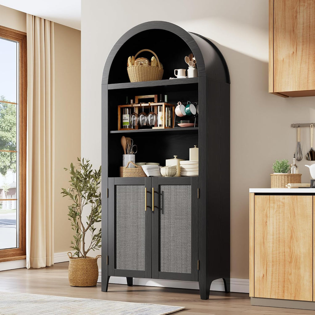 IDEALHOUSE Arched Kitchen Pantry Cabinet with Doors - 5-Tier Open Display Shelf with Rattan Decor, Farmhouse Storage Cabinet for Kitchen, Dining Room, Living Room, Black