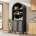 IDEALHOUSE Arched Kitchen Pantry Cabinet with Doors - 5-Tier Open Display Shelf with Rattan Decor, Farmhouse Storage Cabinet for Kitchen, Dining Room, Living Room, Black