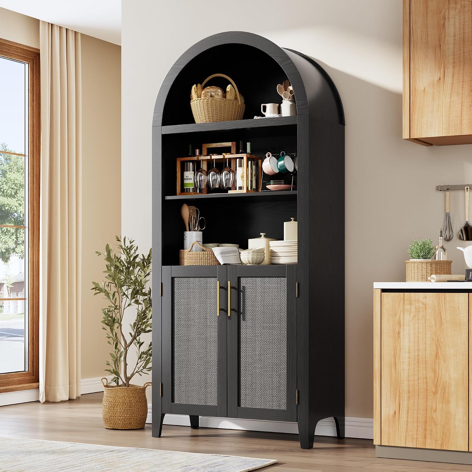 IDEALHOUSE Arched Kitchen Pantry Cabinet with Doors - 5-Tier Open Display Shelf with Rattan Decor, Farmhouse Storage Cabinet for Kitchen, Dining Room, Living Room, Black