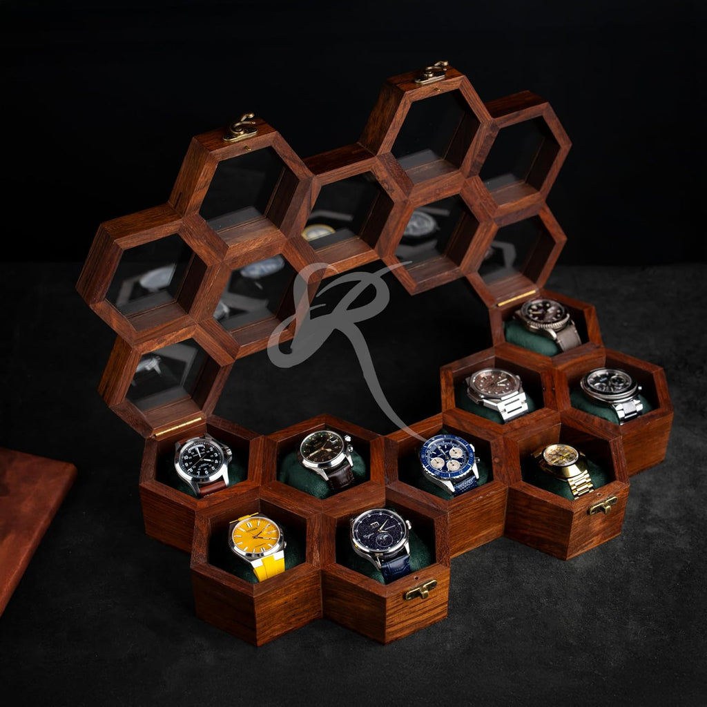 Wooden Watch Box Organizer for Men – 9 Slot Luxury Honeycomb Watch Case | Dark Rosewood Wood & Glass Display Box | Elegant Wooden Timepiece Display Case Boxes for Men – Luxury Gift for Him