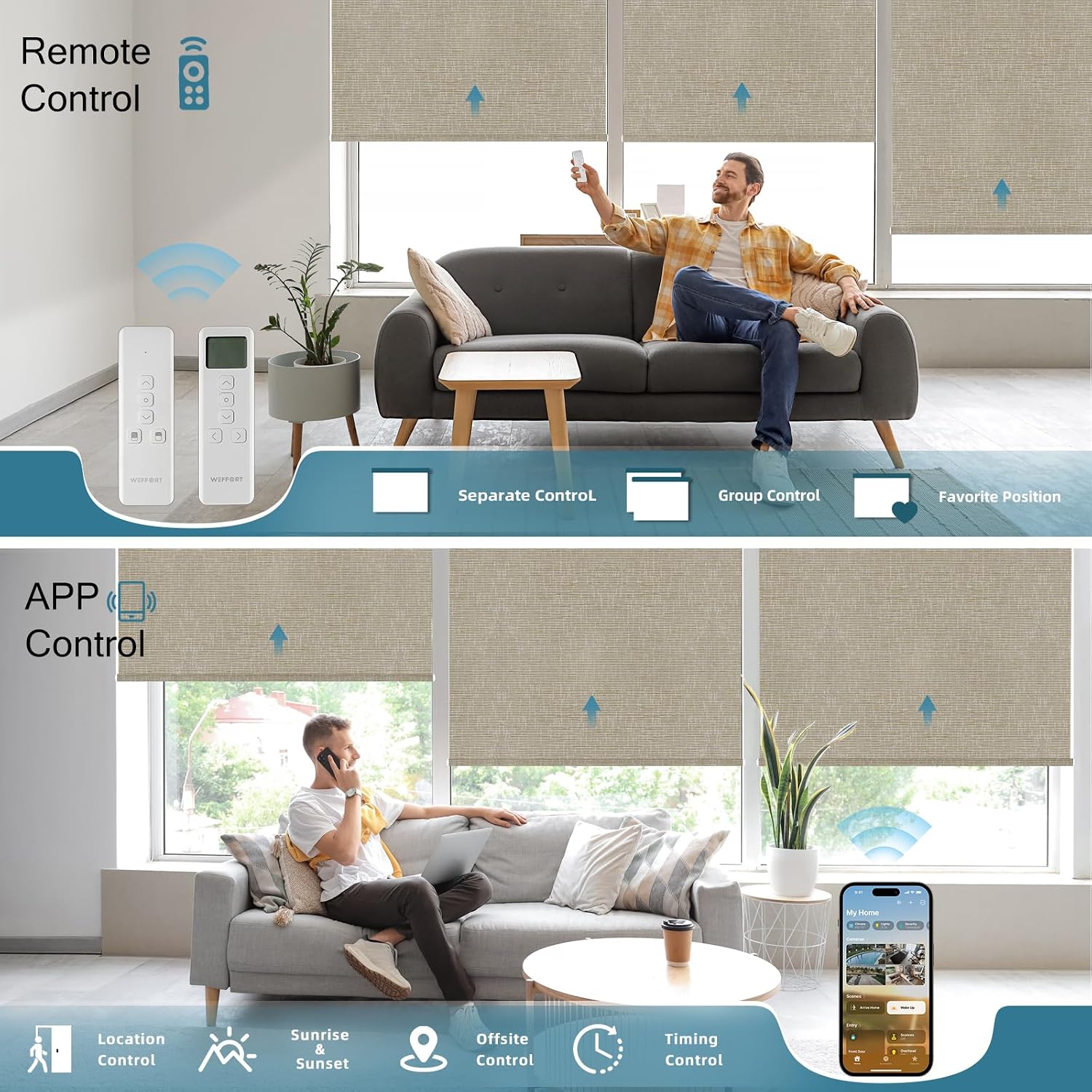 Motorized Alexa Controlled 100% Blackout Shades for Windows,Electric Smart Blinds Work with Homekit,Alexa,Google Home,Remote,Automatic Blinds with Solar Pannel Charging,Texture Biscuit