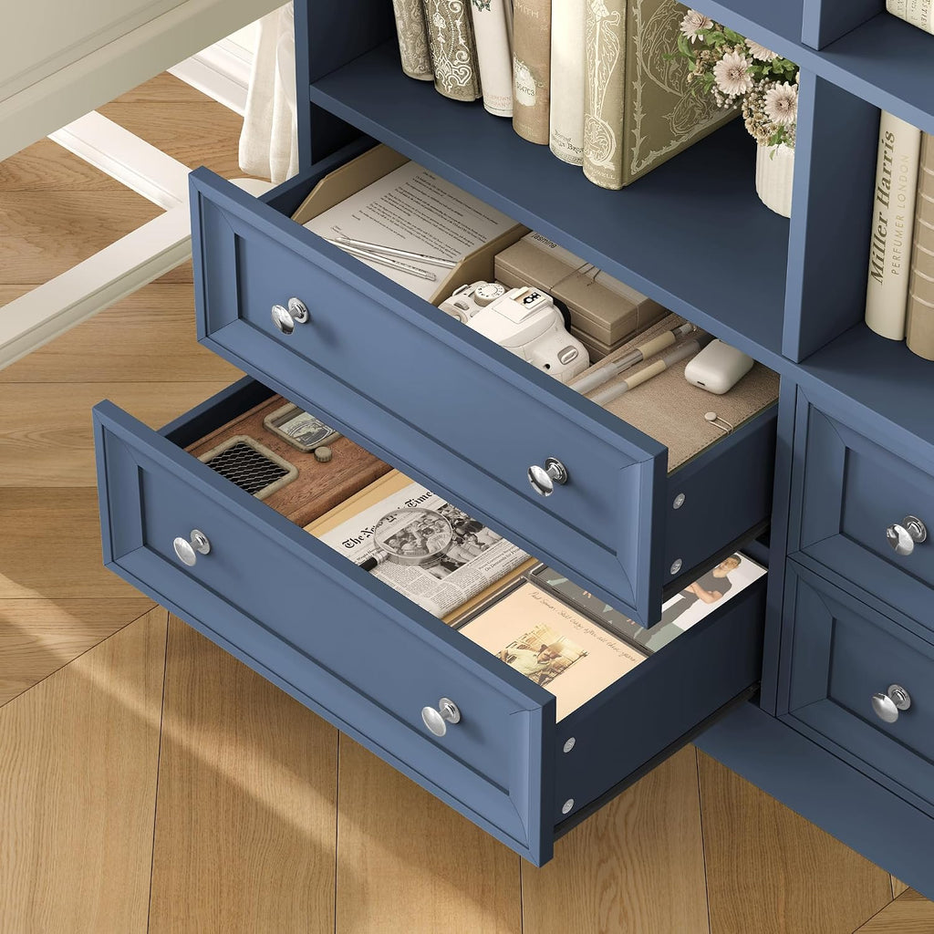 FINETONES 71' Tall Bookshelf with 4 Drawers, 6-Tier Double Wide Bookshelves and Bookcases with Storage, Blue Bookshelf Large Open Bookshelves Standing Book Cabinet for Home Office
