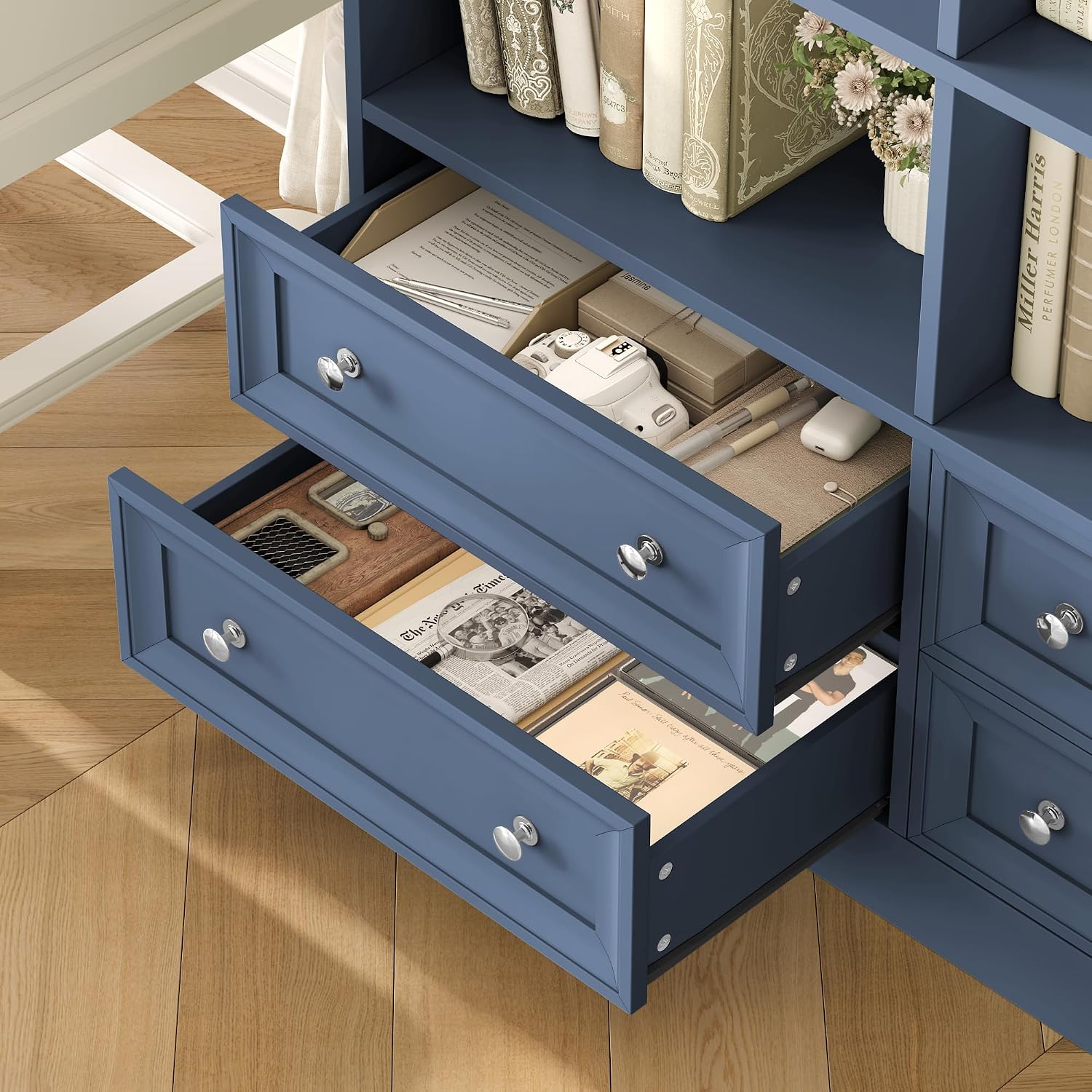 FINETONES 71' Tall Bookshelf with 4 Drawers, 6-Tier Double Wide Bookshelves and Bookcases with Storage, Blue Bookshelf Large Open Bookshelves Standing Book Cabinet for Home Office