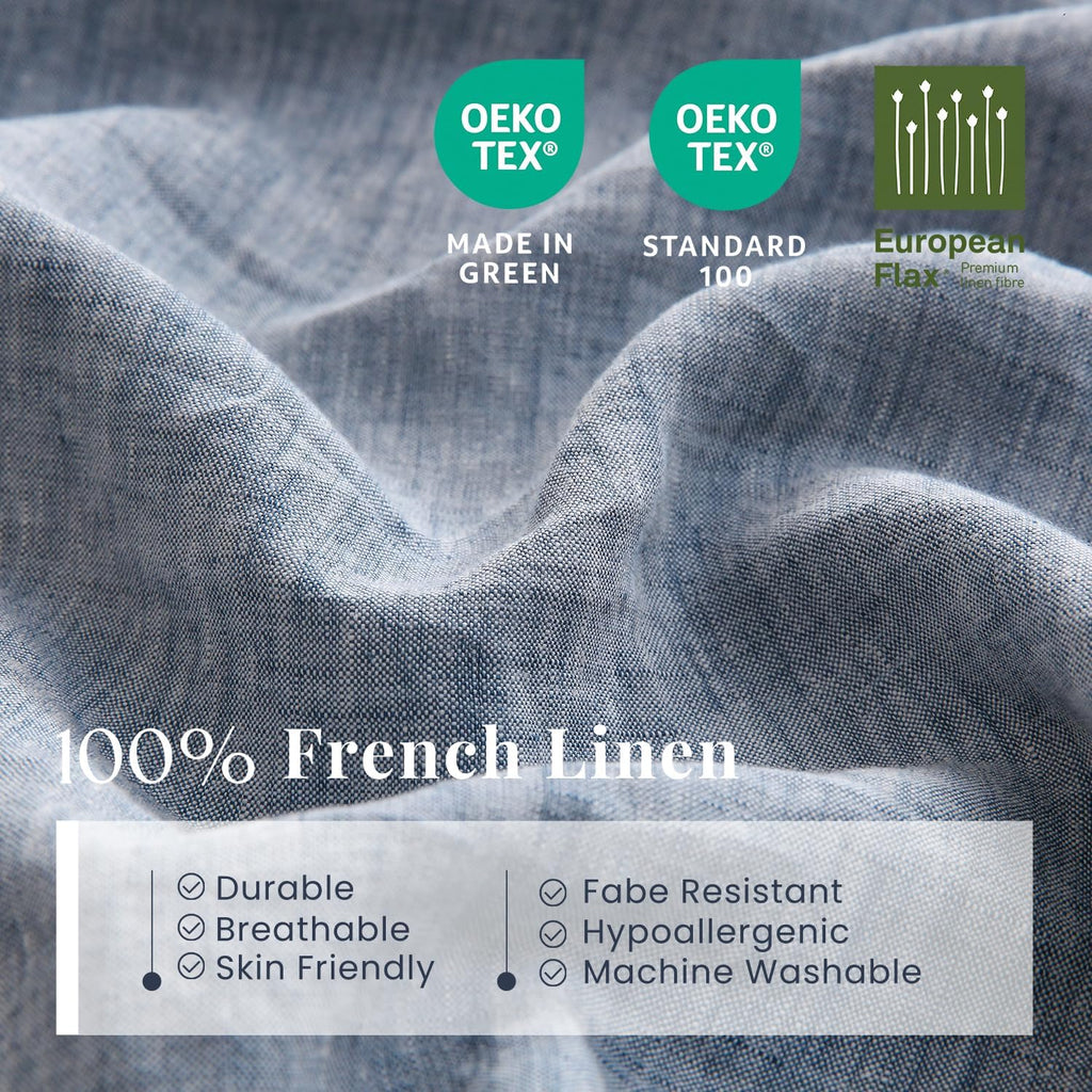 S VICTORY SYMBOL 100% Organic Linen Chambray Sheets Set Queen Size,Washed French Flax Bed Sheets 4 Pieces(2 Pillowcases,1 Fitted Sheet,1 Flat Sheet) Blue Denim,Yarn Dyed Natural Linen Bedding