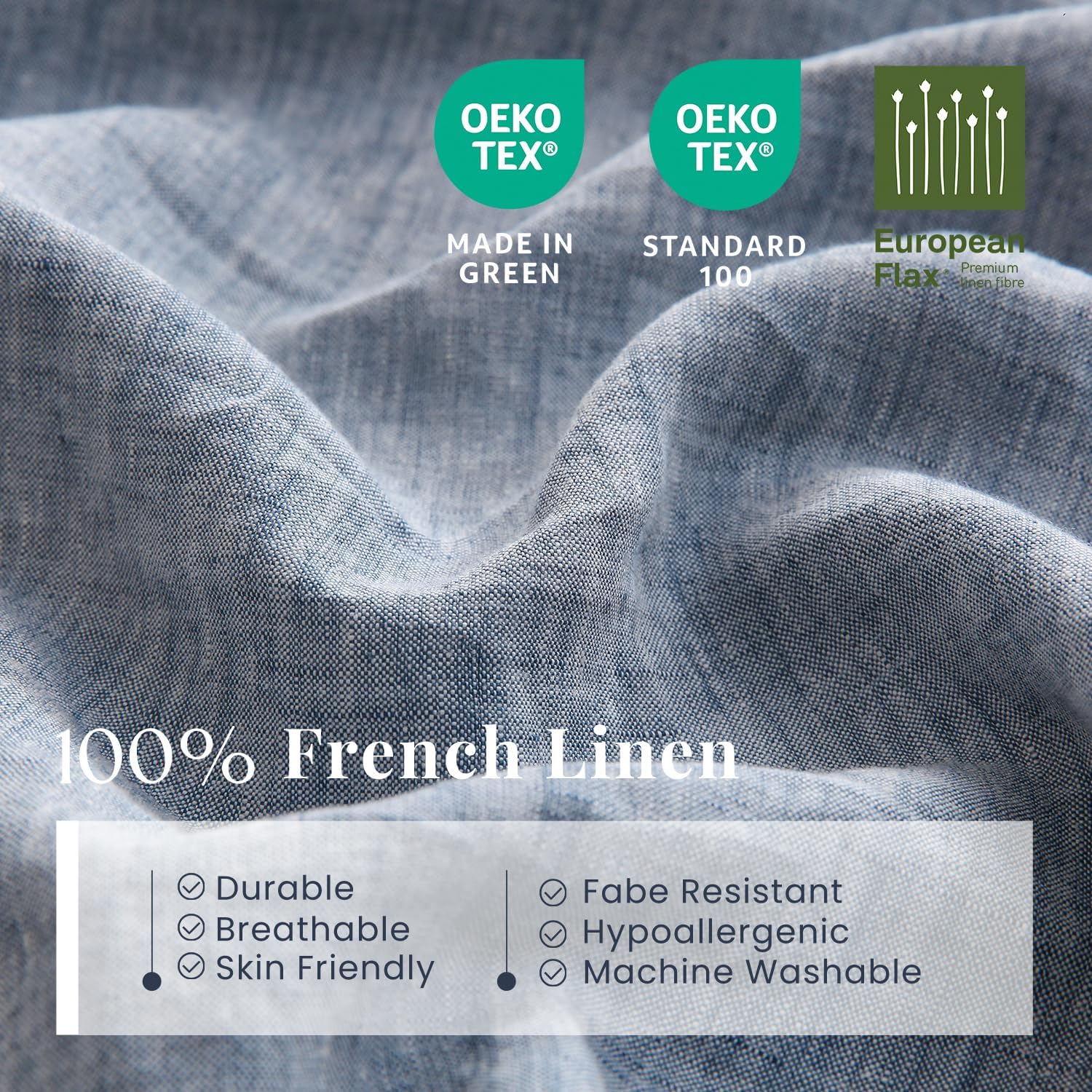 S VICTORY SYMBOL 100% Organic Linen Chambray Sheets Set Queen Size,Washed French Flax Bed Sheets 4 Pieces(2 Pillowcases,1 Fitted Sheet,1 Flat Sheet) Blue Denim,Yarn Dyed Natural Linen Bedding
