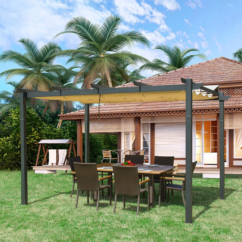 Domi 9x13FT Outdoor Pergola Canopy with Retractable Sun Shade, Weather-Resistant Aluminum Frame for Patio, Backyard, Deck, Garden, BBQ, and Gatherings