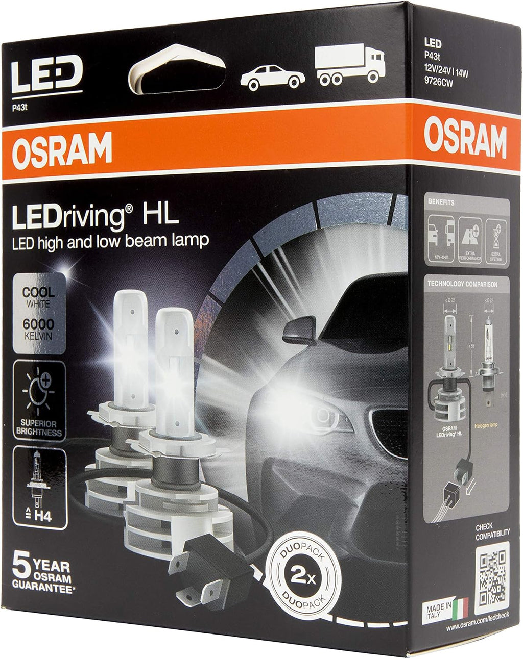OSRAM LEDriving® HL Gen2, ≜H4, LED High/Low Beam Lamps, Off-road only, non ECE, Folding Carton box (2 units), white