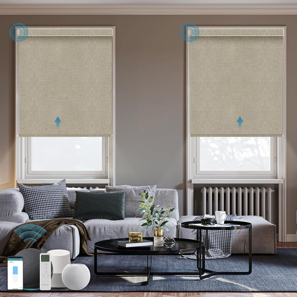 Motorized Alexa Controlled 100% Blackout Shades for Windows,Electric Smart Blinds Work with Homekit,Alexa,Google Home,Remote,Automatic Blinds with Solar Pannel Charging,Texture Biscuit