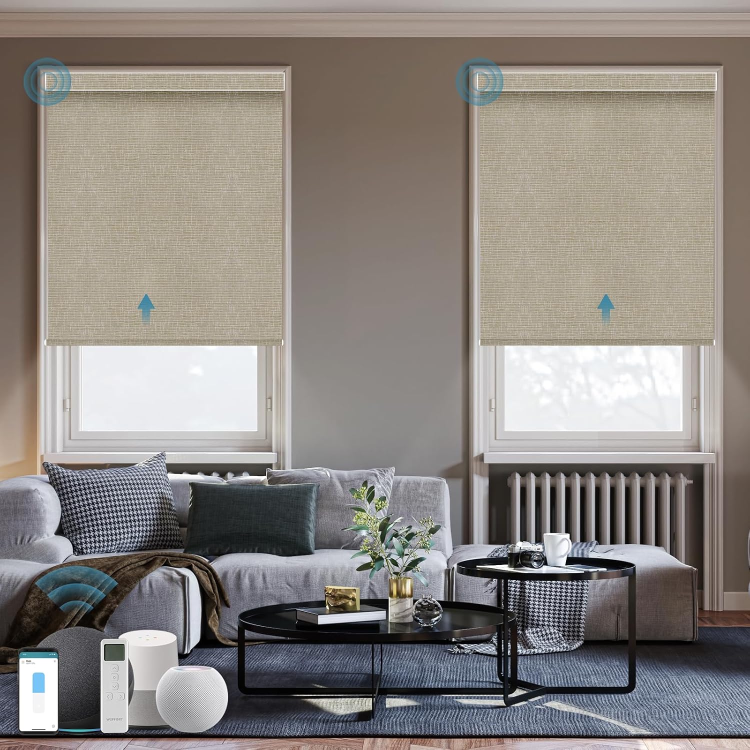 Motorized Alexa Controlled 100% Blackout Shades for Windows,Electric Smart Blinds Work with Homekit,Alexa,Google Home,Remote,Automatic Blinds with Solar Pannel Charging,Texture Biscuit