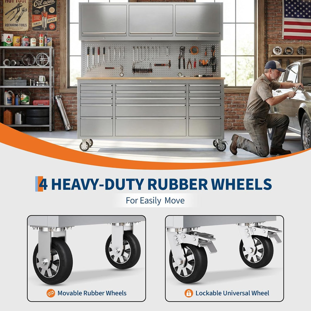 GarveeTech 72-Inch Heavy-Duty Rolling Tool Chest & Mobile Workbench, 15 Drawers & 3 Top Cabinets, Rubber Wood Tabletop, Key Locking System, Drawer Liners, Wheels, Steel Storage Cabinet for Garage