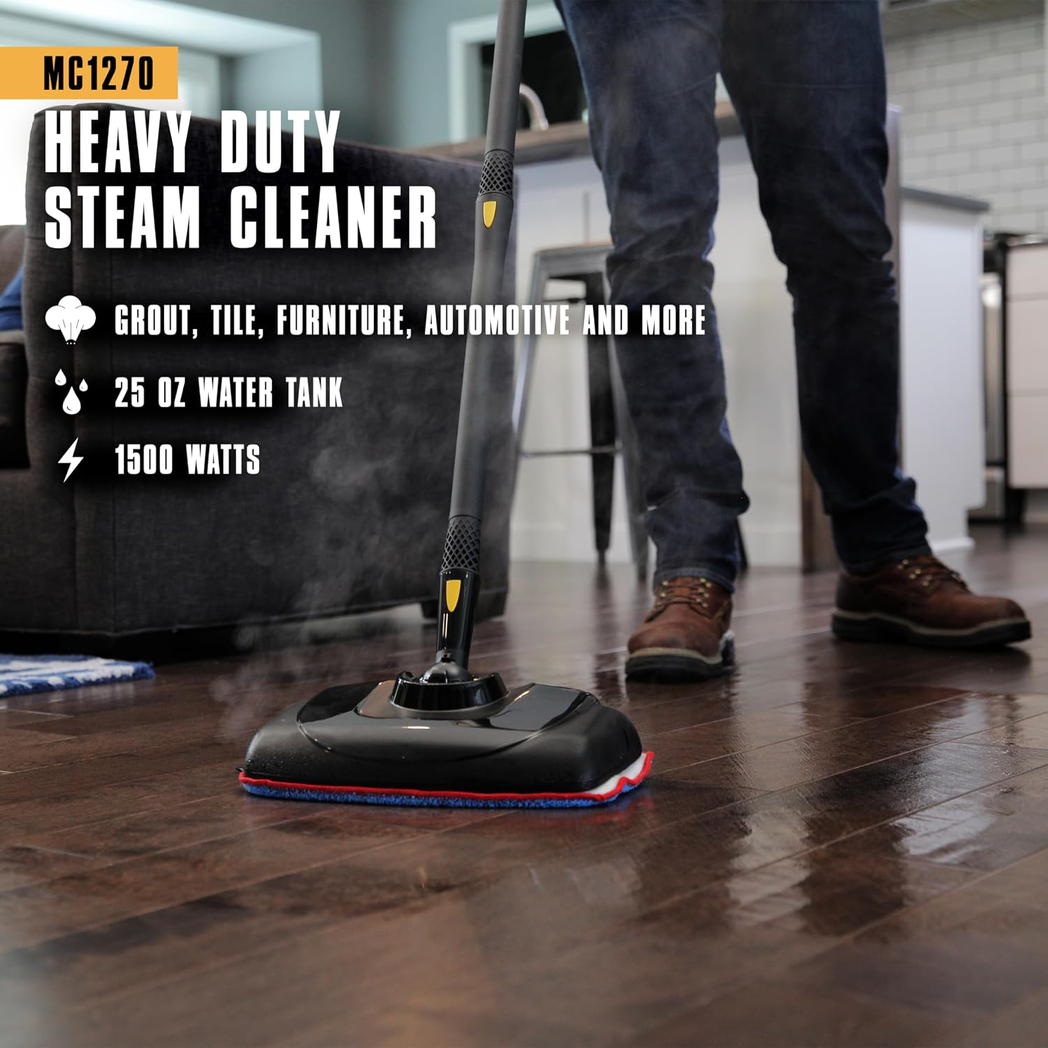 McCulloch MC1270 Portable Power Steam Cleaner, 30 Minute Runtime, 16 Accessories: Mop Head, Brushes, & More - Built for Home, Tile, Grout, Carpet, Furniture, & Personal Car Detailing