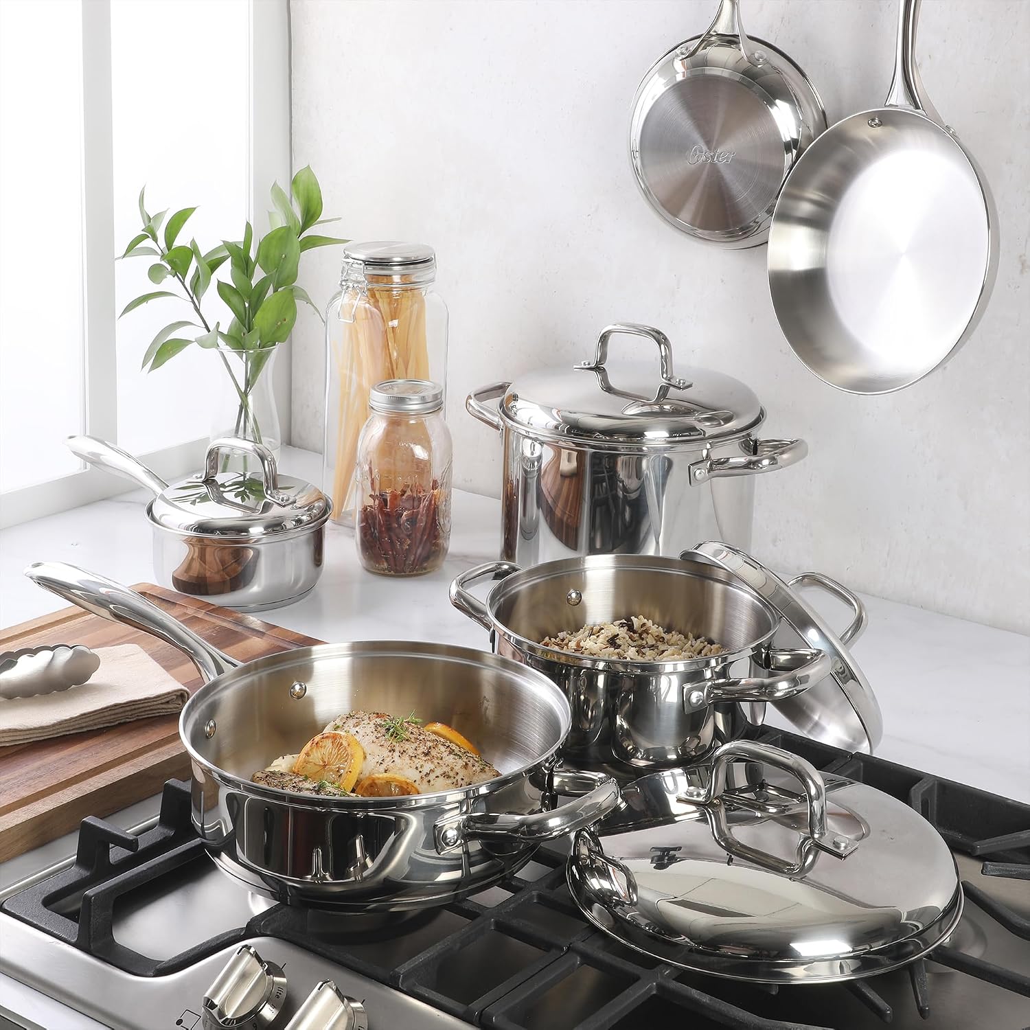 Oster Platinum Sedwick 10-Piece Stackable Stainless Steel Pots and Pans Cookware Set W/Domed Stainless Steel Lids W/TriPly Encapsulated Base - Induction Safe