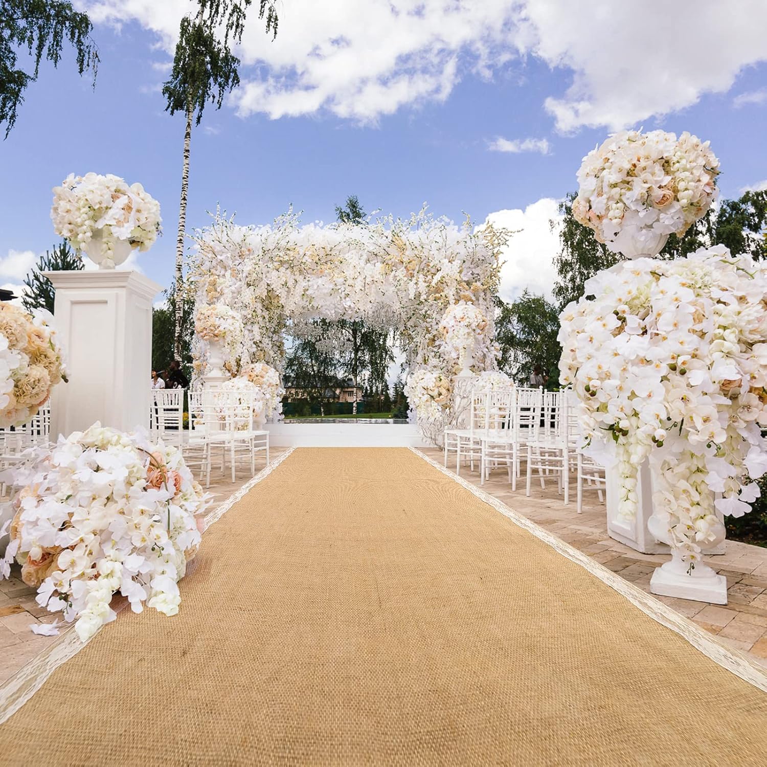 AK TRADING CO. 40' Wide Natural Burlap Wedding Aisle Runner with Ivory Lace - 40' Wide x 50 feet Long