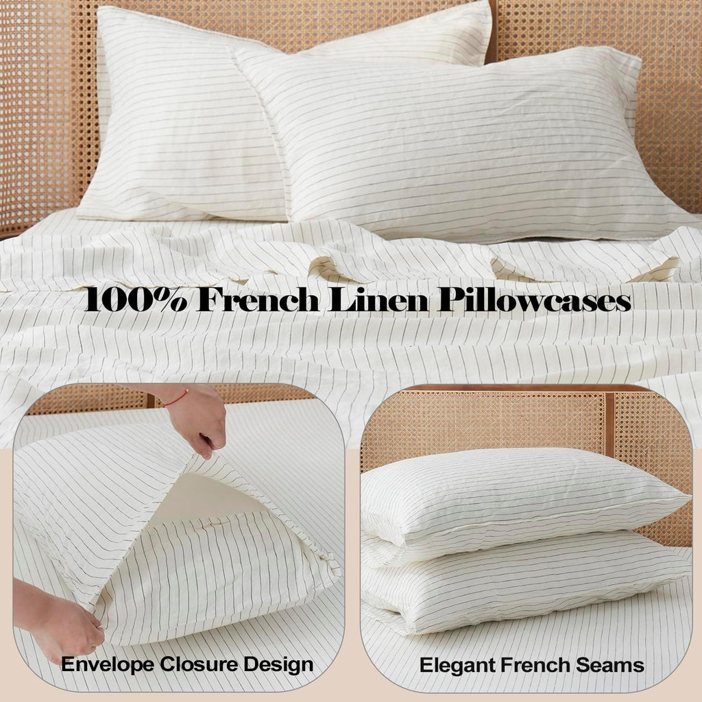 S VICTORY SYMBOL 100% Organic Linen Sheets Set Grey Pinstripe California King,Yarn Dyed French Natural Stone Washed Flax Bedding Set CK 4pcs,Ultra Soft&Breathable