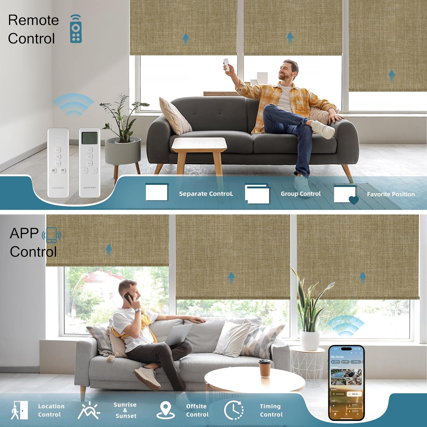 Motorized Roller Shade, 100% Blackout Smart Window Blinds Work with Homekit, Alexa, Google Home, Remote Control, Electric Blinds with USB/Solar Pannel Charging, Gentle Wheat