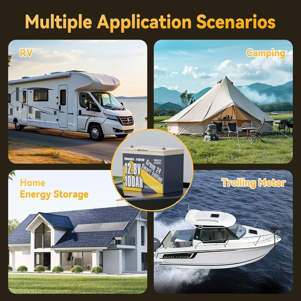 Power Queen LiFePO4 Battery 12V 100Ah, Bluetooth 12Volt RV Lithium Battery with Low-Temp Protection, Group 24 Deep Cycle Battery, Up to 15000 Cycles for Motorhome, Trailer, Camper Van, Marine, Solar