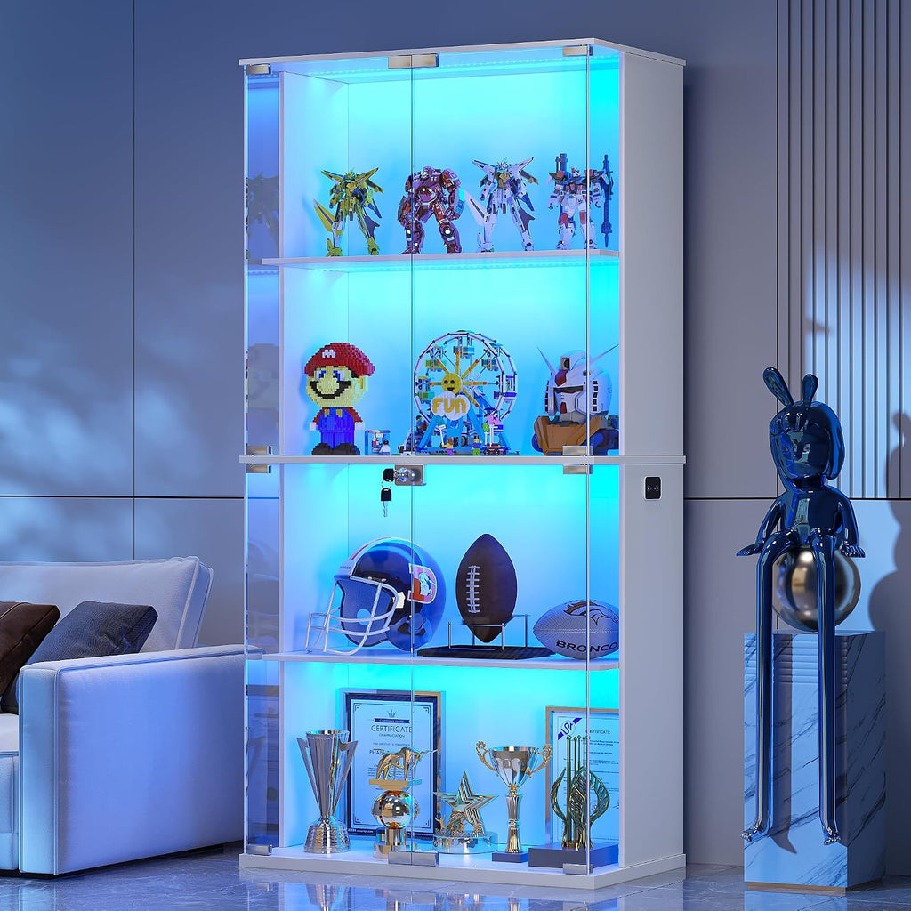 HNEBC Glass Display Cabinet with LED Lights - 4-Tiers Curio Cabinet Display Case with Lock,China Cabinet with Human Body Senor for Collectibles & Legos,Living Room Bookcase Storage Cabinet (White)