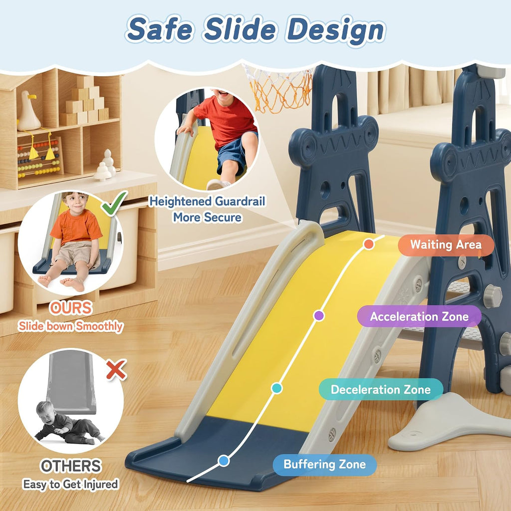 3-in-1 Kids Slide for Toddlers Age 1-3 Slide and Swing Set,Indoor Playground for Children,Freestanding Outdoor Slides with Basketball Hoop,Outside Climber Playhouses,Baby Climbing Toys Blue