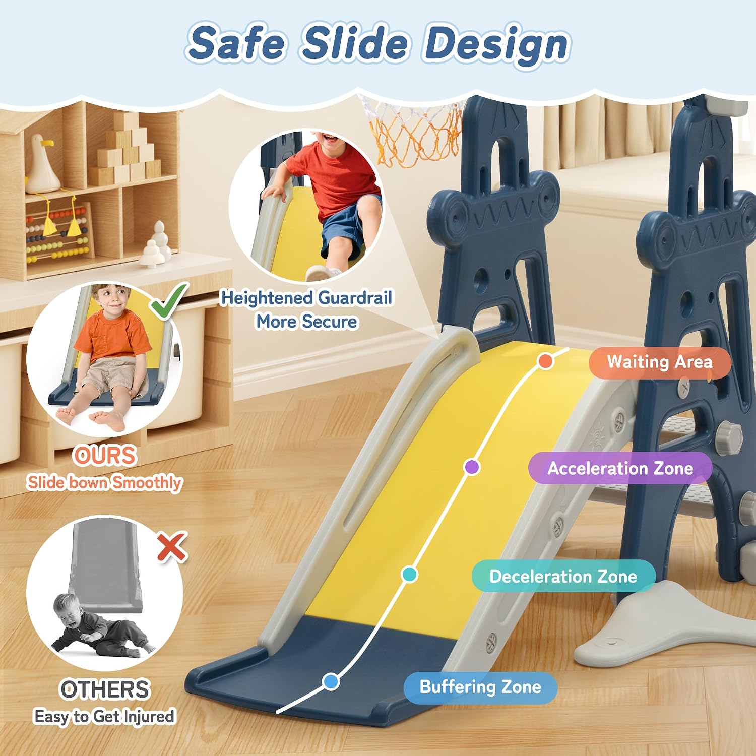 3-in-1 Kids Slide for Toddlers Age 1-3 Slide and Swing Set,Indoor Playground for Children,Freestanding Outdoor Slides with Basketball Hoop,Outside Climber Playhouses,Baby Climbing Toys Blue