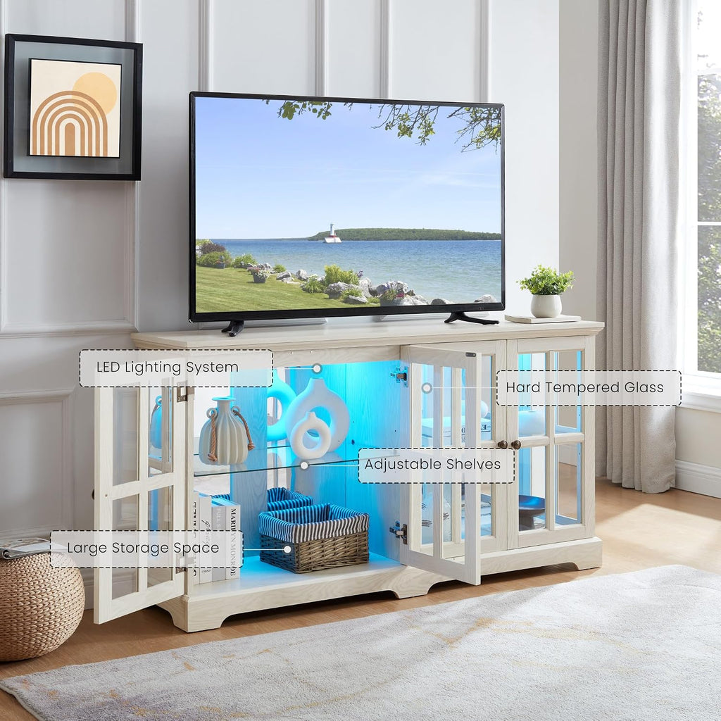 59' W LED Curio Cabinet with 7 Color Lights, Vintage Glass Display Case with Glass Doors, Smartphone-Controlled, Short Wooden China Cabinet with Adjustable Shelves for Living Room, Entryway (White)