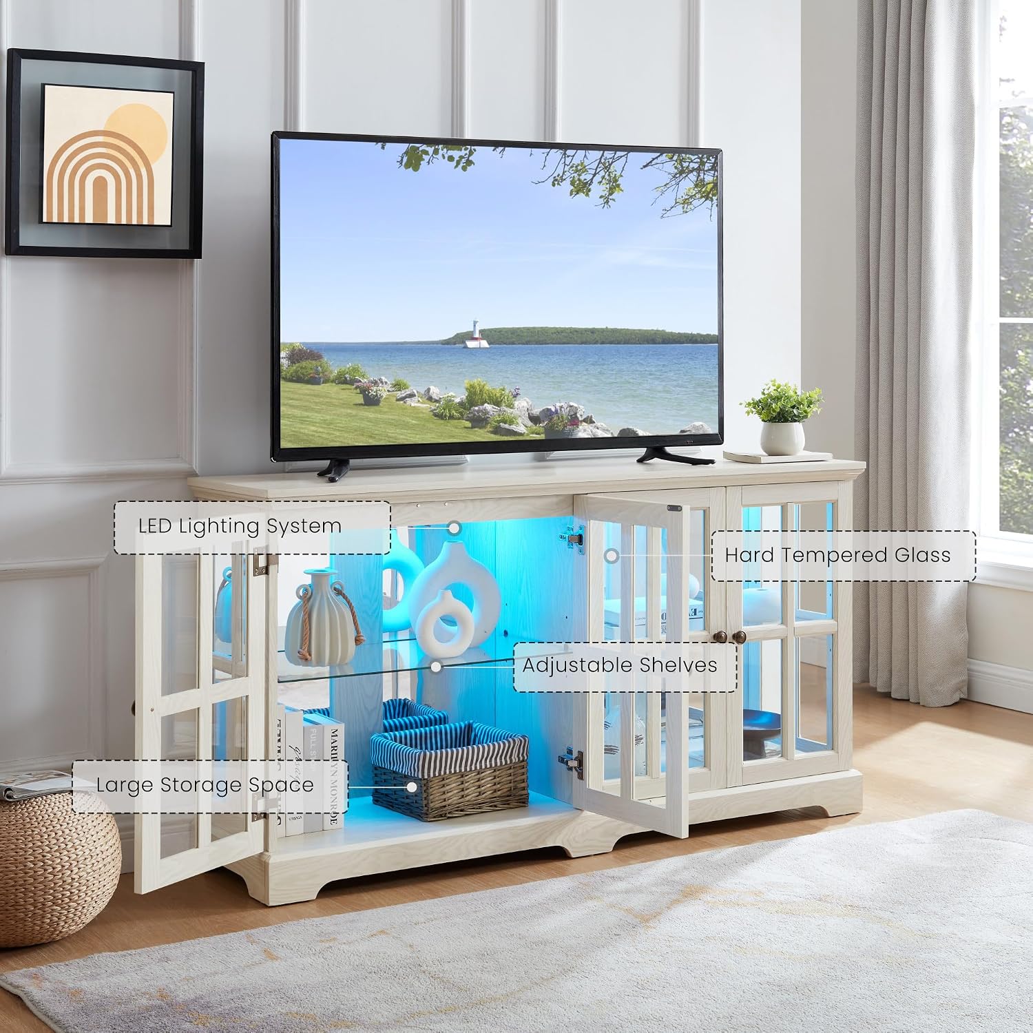 59' W LED Curio Cabinet with 7 Color Lights, Vintage Glass Display Case with Glass Doors, Smartphone-Controlled, Short Wooden China Cabinet with Adjustable Shelves for Living Room, Entryway (White)