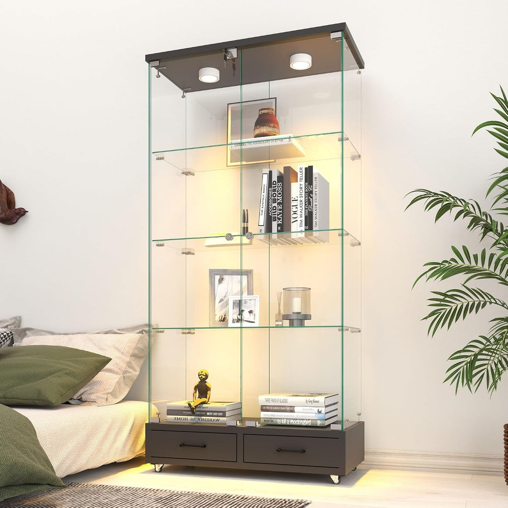 Modern Glass Display Cabinet with LED Light 4-Shelf Curio Cabinets with Storage Drawer and Wheels,Tempered Glass Display Shelf Bookcase for Living Room Home Office