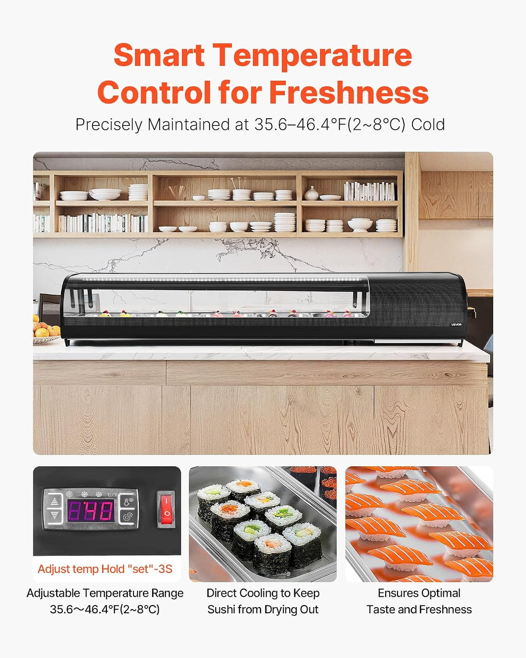 VEVOR Sushi Display Case Refrigerator, 2.9 Cu.ft Commercial Sushi Case, 5-Pan Countertop Showcase with Curved Glass, LED Lighting, and Digital Temperature Control, for Sushi-Bar, Restaurant, Store