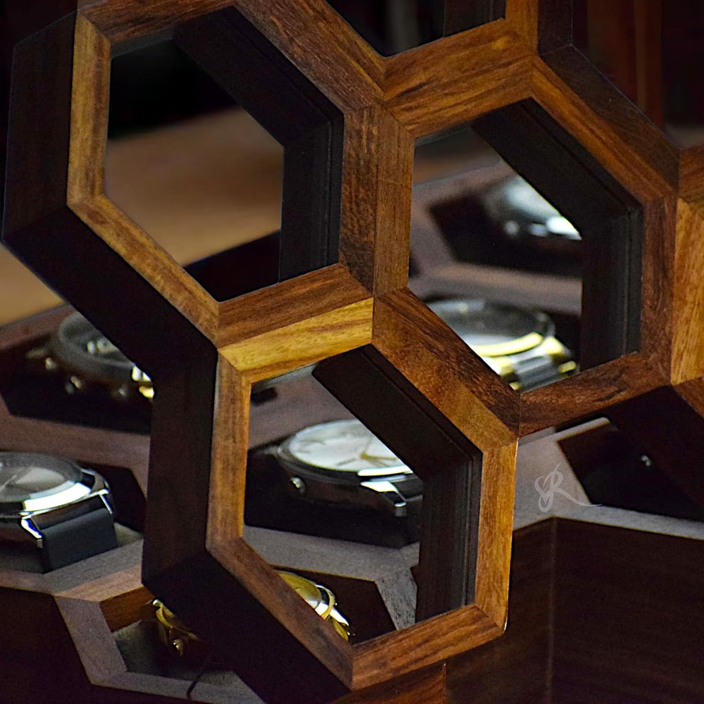 Wooden Watch Box Organizer for Men – 9 Slot Luxury Honeycomb Watch Case | Dark Rosewood Wood & Glass Display Box | Elegant Wooden Timepiece Display Case Boxes for Men – Luxury Gift for Him