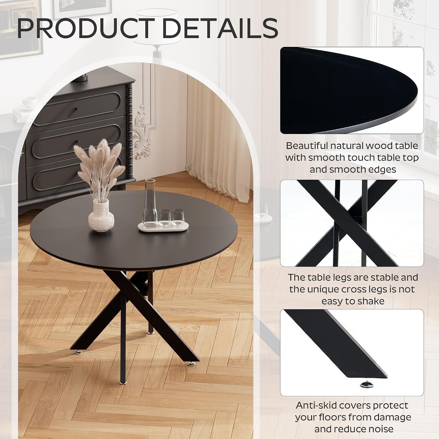 RGZ 36' Round Dining Table Set for 4, 5 PCS Modern Wooden Black Circle Kitchen Table with Steel Legs & 4 Black Velvet Upholstered Chairs for Dining Room, Living Room, Kitchen