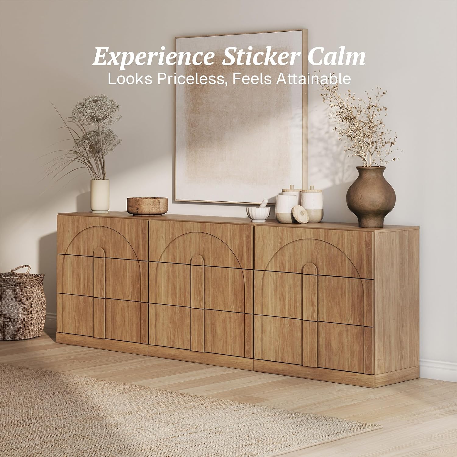 BELLEZE Sideboard Cabinet with 3 Drawers, Set of 3 Modern Wood Buffet Cabinet with Arc Design, Large Fluted Sideboard with Storage for Dining Room Living Room Entryway, Camel