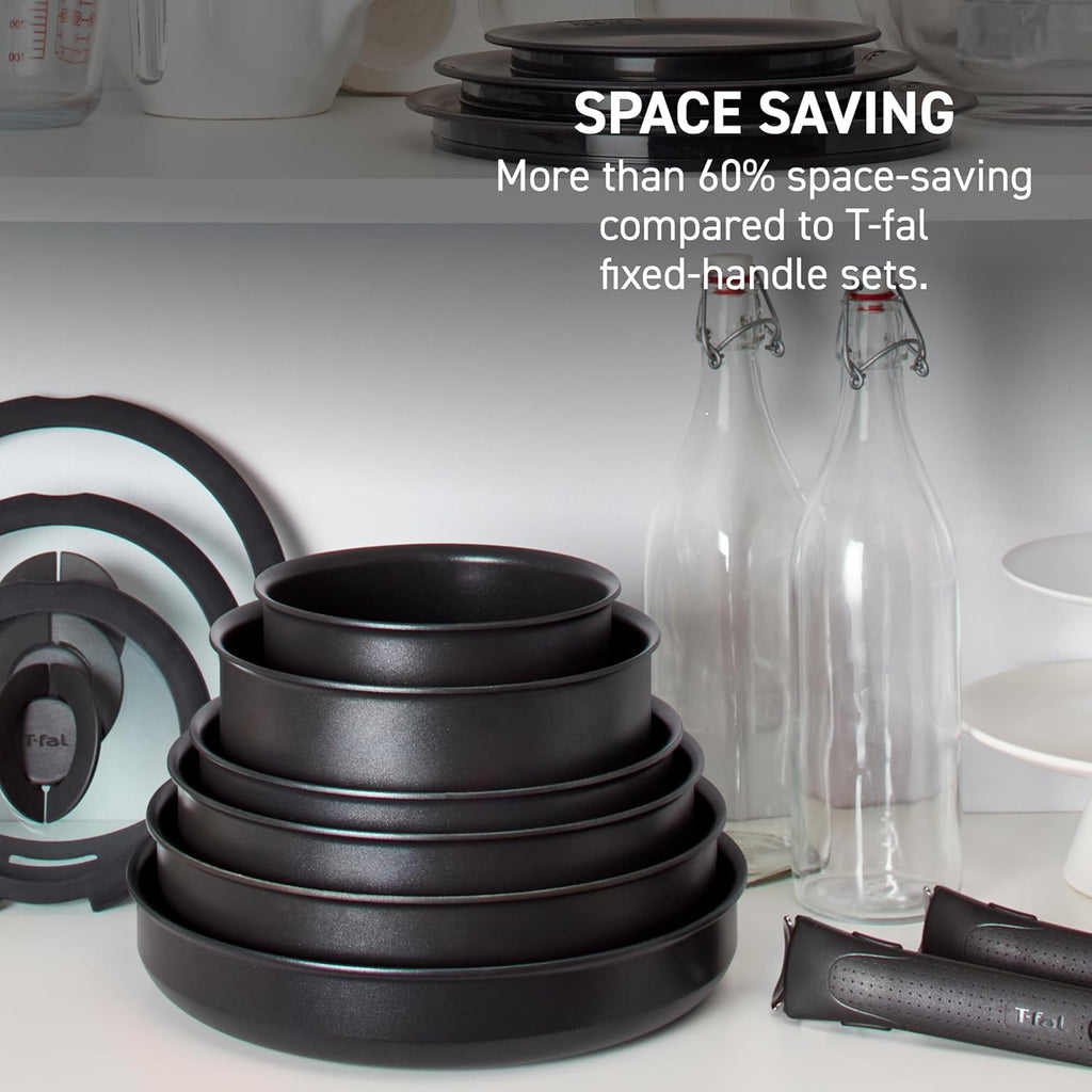 T-fal Ingenio Detachable Handle Cookware Set, Stackable Set. Induction Oven Broiler Safe 500F Cookware, Pots and Pans, Oven, Broil, Dishwasher Safe, 3 Piece set, Onyx Black