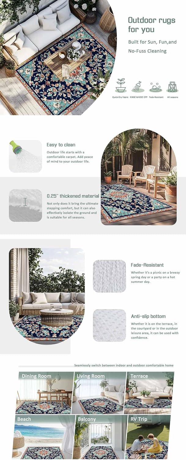 Outdoor Rug 4x6ft Abstract Retro Boho Aesthetic Flower Patio Area Rugs Waterproof Easy Cleaning Non Shedding Thick Mats Mid Century Carpet for Indoor Outdoor Porch Deck Backyard Balcony
