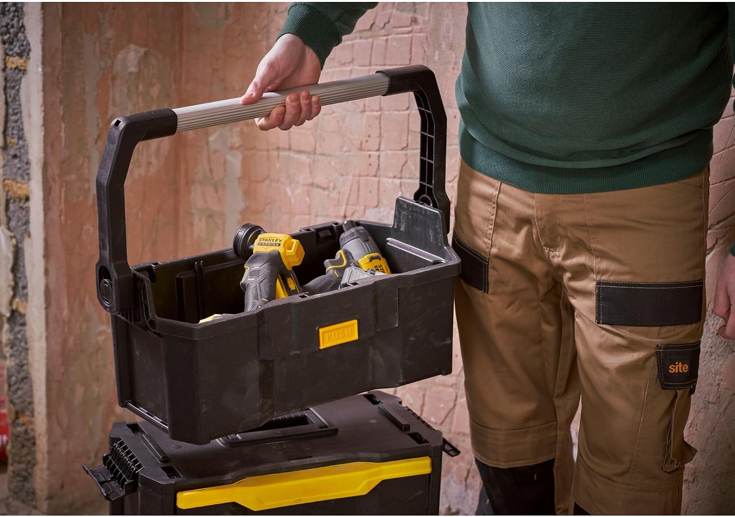STANLEY 2-in-1 Rolling Workshop Tool Box Empty Tool Box (53 x 75.60 x 32 cm, Tool Carrier with Organiser Attachment, with Two Large Compartments, Telescopic Handle, Made of Robust Plastic) STST1-79231