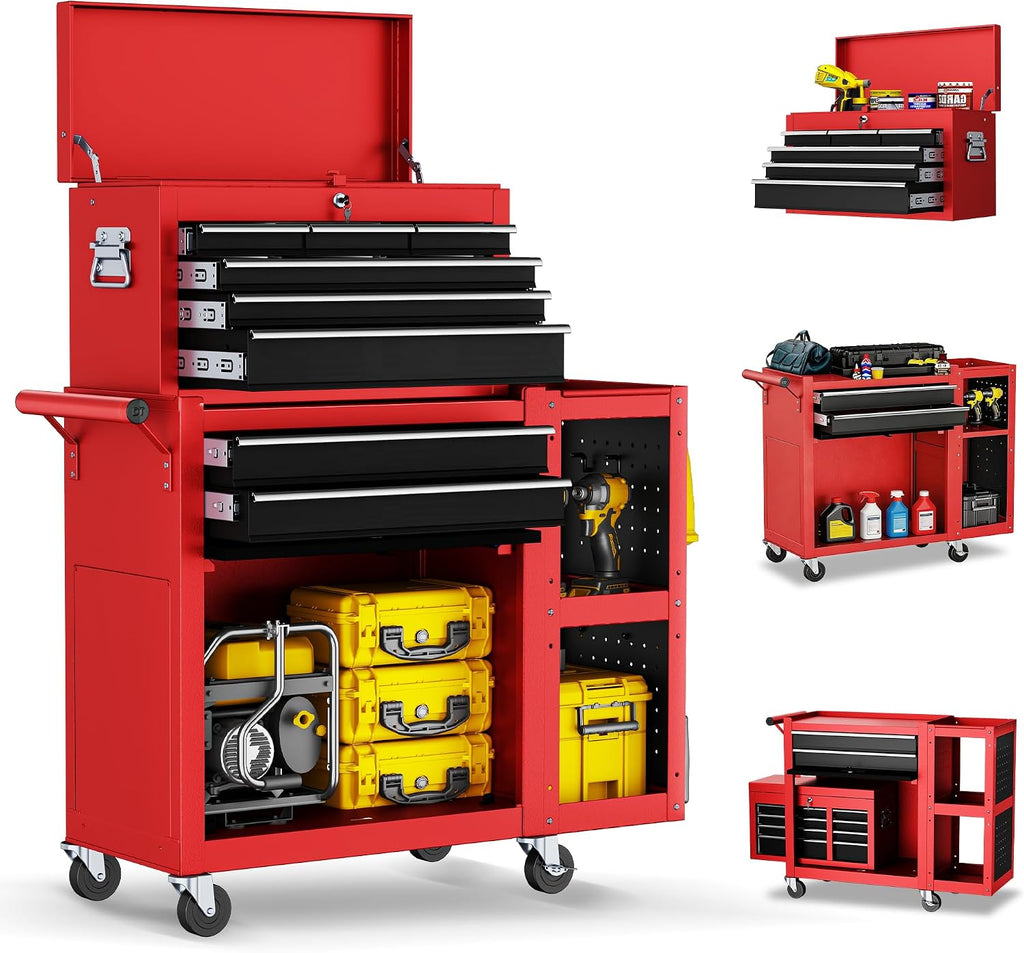 Metal Tool Chest, 8 Drawer Rolling Tool Chest with Wheels, Assembled Tool Storage Cabinet with Locking, Sliding Drawers & Detachable Top Tool Box, for Repair Room Warehouse Garage Workshop, Red