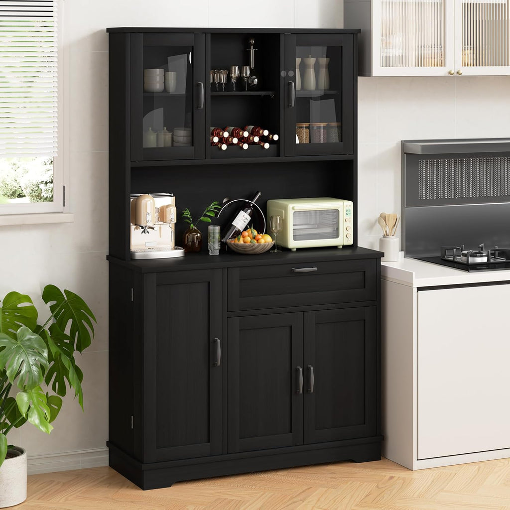 Shintenchi Kitchen Pantry Storage Cabinet, Freestanding Buffet Cabinet with Microwave Stand & 4 Door Shelves, Kitchen Hutch with Doors, Adjustable Shelves and Wine Rack, Black